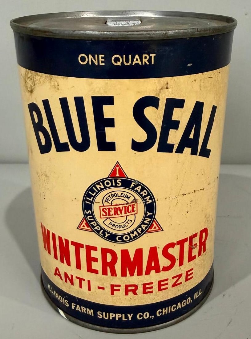 Illinois Farm Service Antifreeze Metal Quart Can: rate 8, has good color, shows wear, one quart metal can