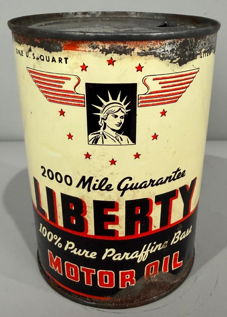 Liberty Motor Oil w/ Graphic Metal Quart Can: rate 7, the metal quart can has good color and shine, but shows wear especially along the lid lines