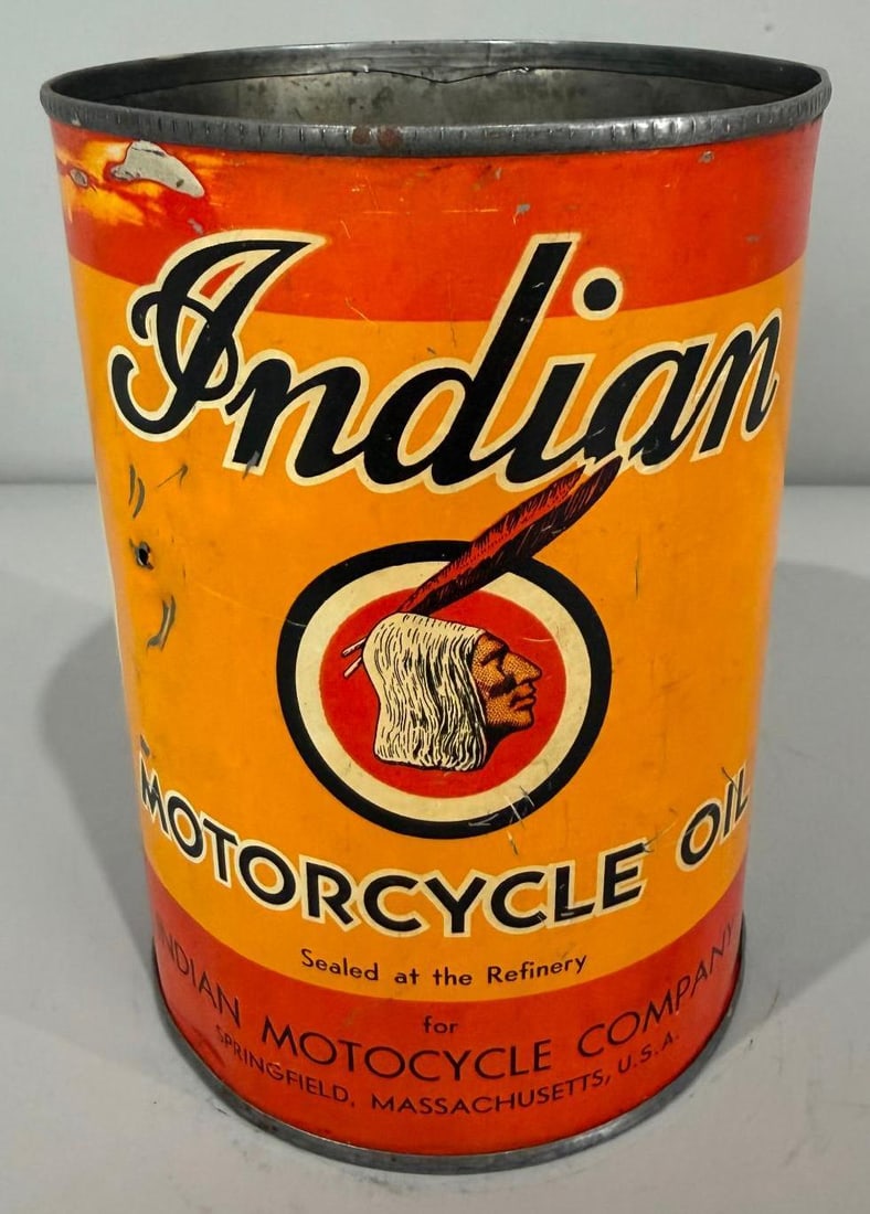 Indian Motorcycle Oil Metal Quart Can: rate 7.9, the metal quart can shows wear throughout from age and use, is missing its top lid