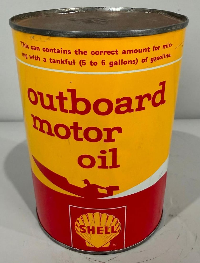 Shell Outboard Motor Oil Metal Quart Can: rate 8.75, the metal quart can has excellent color and shine, has both original lids and is empty