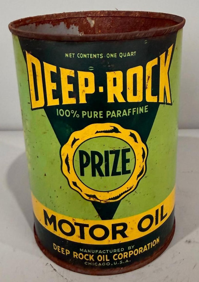 Deep Rock Prize Motor Oil Metal Quart Can: rate 7.5, the metal quart can has good color, shows wear, is missing its top