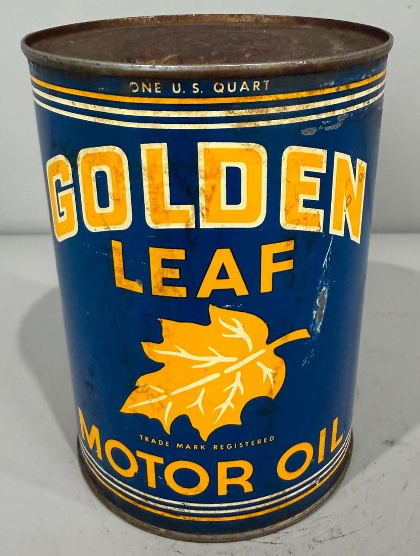 Golden Leaf Motor Oil Metal Quart Can: rate 8, the metal quart can has good color and shine, shows wear throughout from age and use, is empty