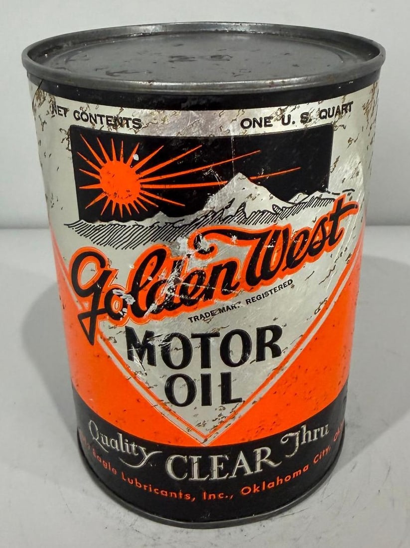 Golden West Motor Oil Quart Can: rate 7, the one quart composite quart can shows wear from age and use