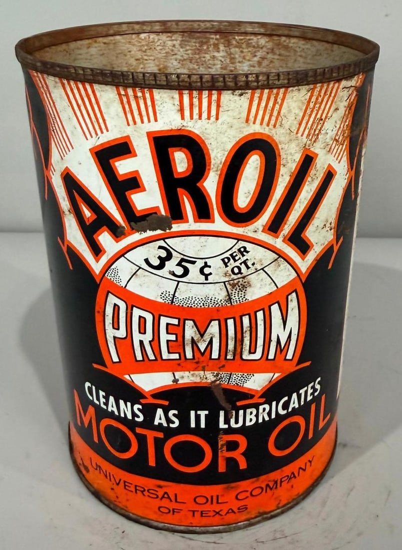 Aeroil Premium Motor Oil Metal Quart: Rate 7, the metal quart can has great color, but shows wear from age and use, is missing its top lid