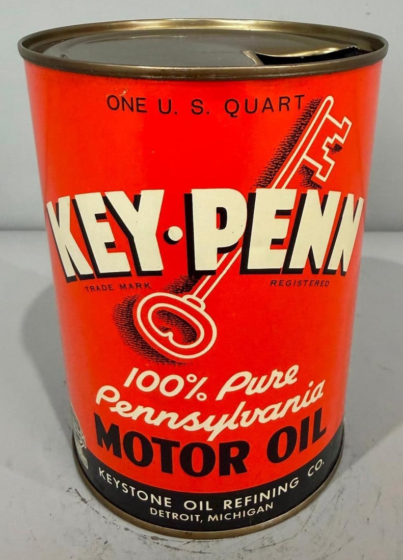 Key Penn Motor Oil Metal Quart Can: Rate 9, The Metal Quart Can has excellent color and shine, is empty, a nice looking can 