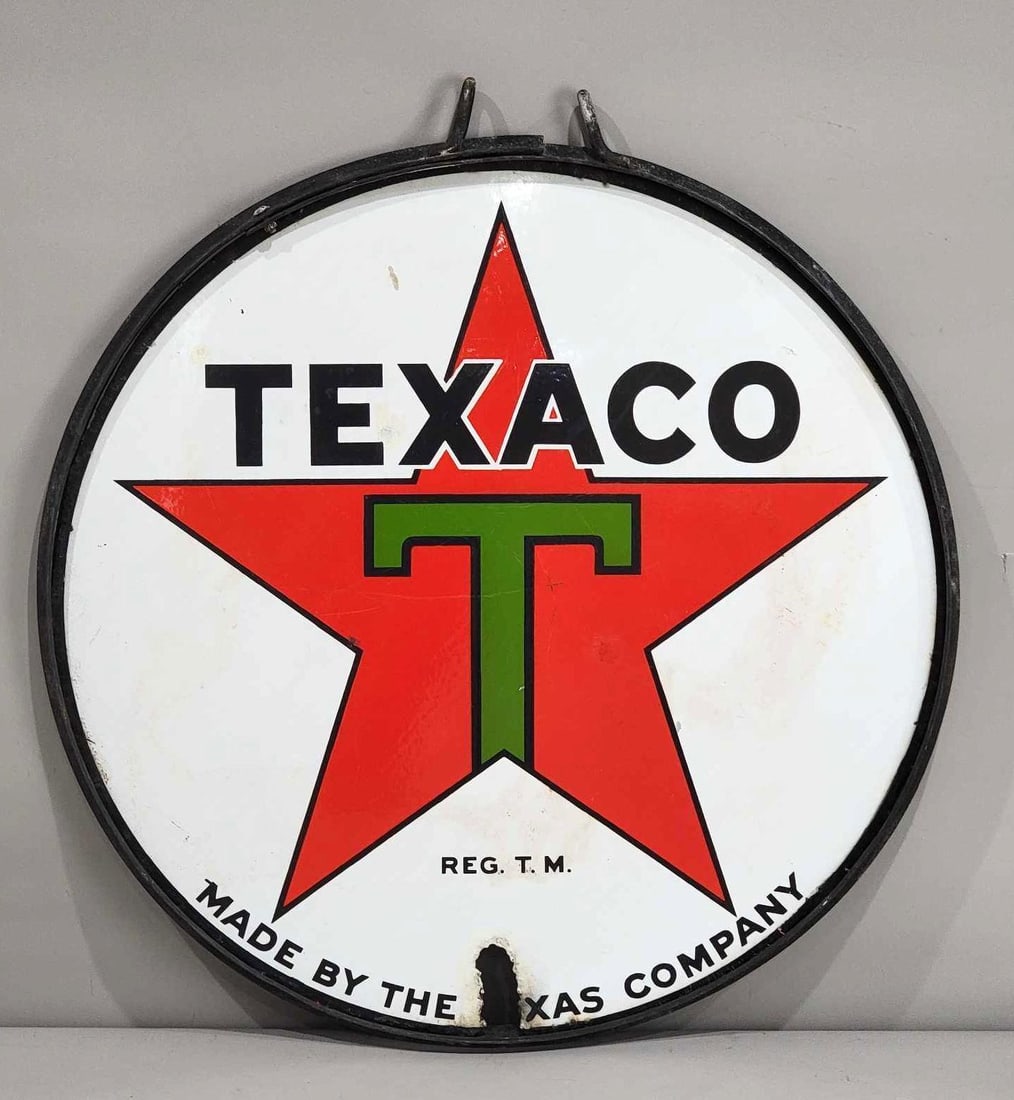 30" Texaco (black-T) Star Logo Porcelain Sign: rated 8, 30"D., the DSP sign has good color and gloss, has wear and a few touched up chips, cut out of another sign.