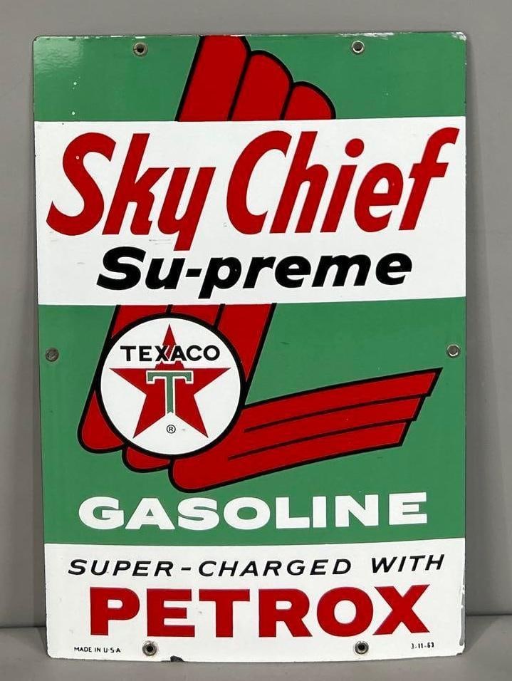 Texaco (white-T) Sky Chief w/Petrox Porcelain Pump Sign (TAC): rated 8.9, 18"x12", the SSP sign has very good color and gloss, has light wear, dated 1963. Rarity 1. TAC #062804