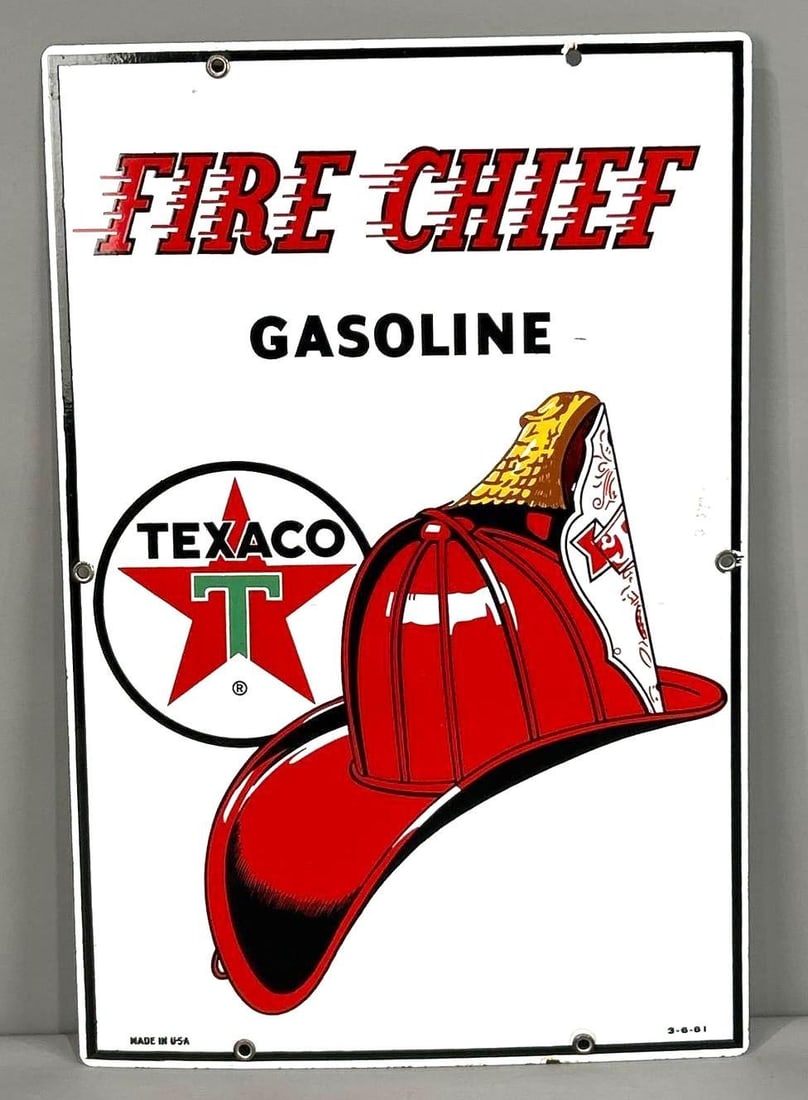 Texaco (white-T)Fire Chief Gasoline Porcelain Pump Sign (TAC) (1 of 5)