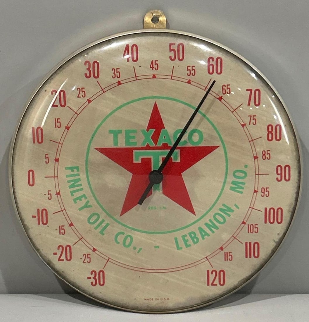 Texaco w/Star Logo Finley Oil Co. Round Metal Thermometer: rated 7, 10"D., the face is stained.