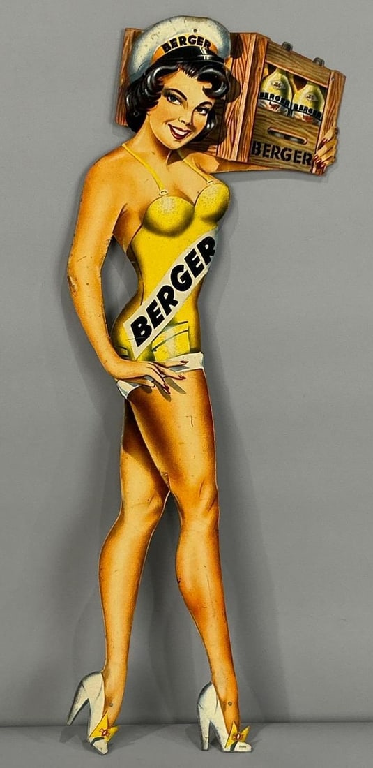 Berger Beer Die-Cut Tin Pin Up Girl Sign: Rated 8.75. 6.5" x 18". This SST sign has good color and shine throughout, with scratching and surface staining. Rarity 2. TAC # 061904.
