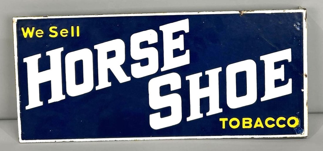 We Sell Horse Shoe Tobacco Porcelain Flange Sign (TAC): rated 8.75, 8"x18", the porcelain flange sign has wear, tiny chips around the perimeter. Rarity 3. TAC #062830