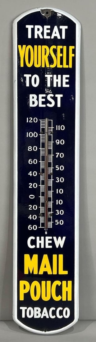 Chew Mail Pouch Tobacco Porcelain Thermometer: Rated 9.0. 8.5" x 39". This SSP thermometer has superior color and shine, with porcelain loss at the top hanging hole. Sign also shows light staining the white lettering and outer edge. Rarity 2.