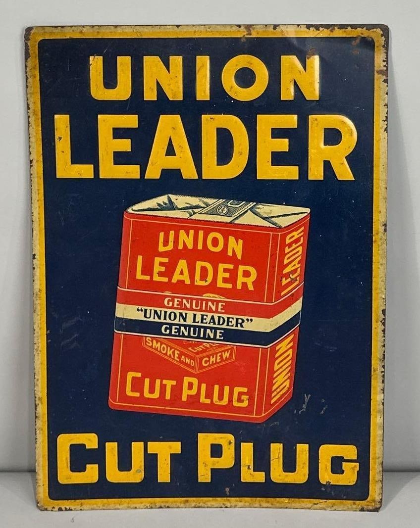 Union Leader Cut Plug Embossed Tin Sign W/ Tobacco Bundle Graphic (1 of 4)