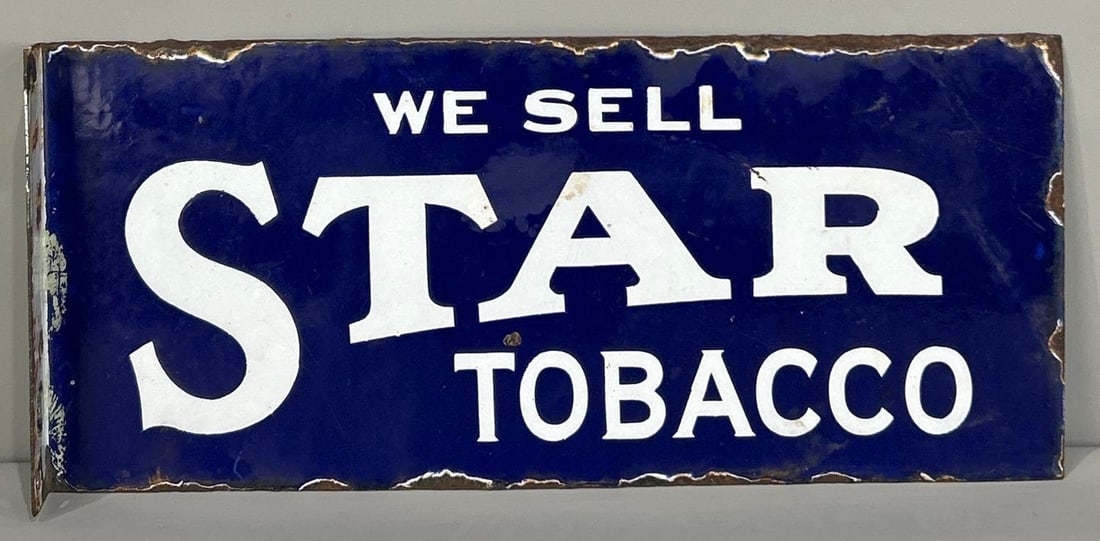 We Sell Star Tobacco Porcelain Flange Sign (TAC): rated 6.75, 8"x18", the porcelain flange sign has staining and large chips around the perimeter and on the flange. Rarity 3. TAC #062828