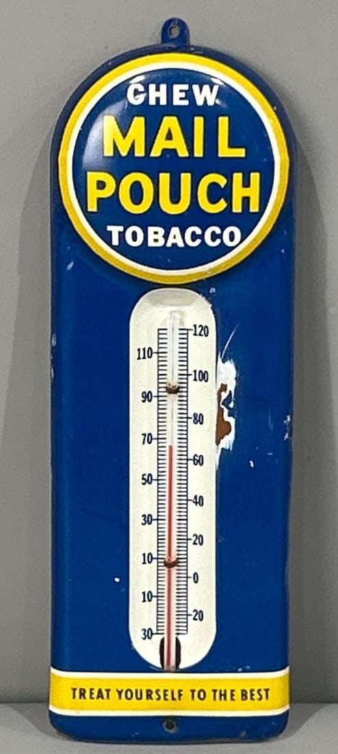 Chew Mail Pouch Tobacco Metal Thermometer: rated 8, 9"x3", has good color and shine, tube is good, has wear in the field.