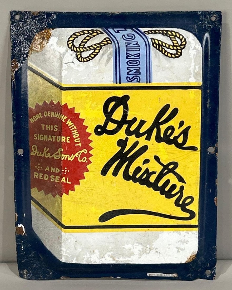 Dukes Mixture Single-Sided porcelain Sign W/ Tobacco Bundle Graphic (1 of 3)