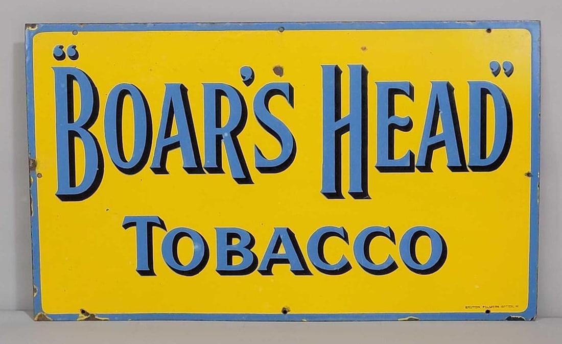 Boar's Head Tobacco Porcelain Sign (TAC): rated 7.25, 18"x30". This SSP sign has good color and some gloss. Sign has wear and chips. TAC #042795