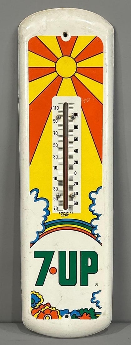 Peter Max Style 7up Metal Thermometer (TAC): rated 8.5, 17"x5", the embossed metal thermometer has good color and shine, has wear, tube is good. Rarity 5. TAC #062876