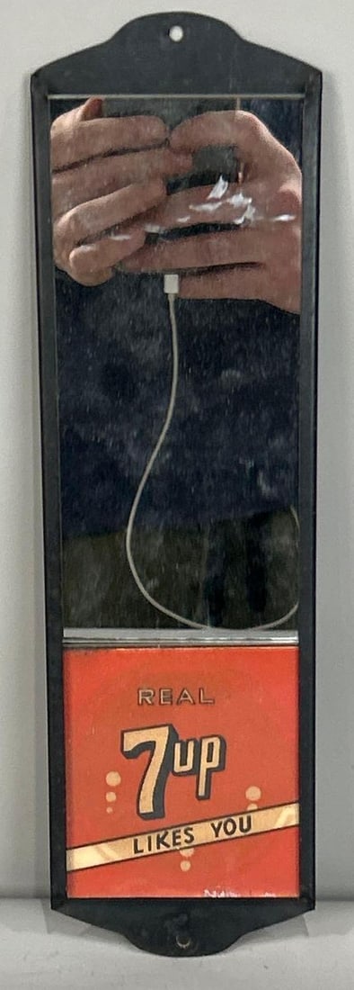 Real Seven Up "Likes You" Mirror: (Rated 8.9). 3.5" x 12". This mirror has minor fade and staining on the cardboard insert. No cracks present in mirror. Rarity 3. 