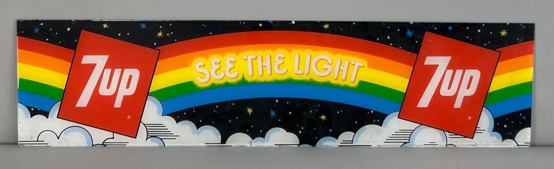Seven Up "See The Light" Plastic Insert Sign: (Rated 8.9) 7.5" x 28.5". This single-sided plastic sign has good color throughout. Sign shows light scratches through the paint on the backside. Scratches, for the most part, are confined to the