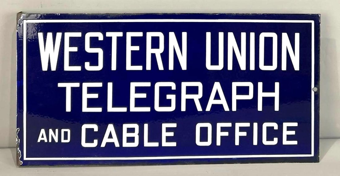 Western Union Telegraph and Cable Office Porcelain Flange Sign (TAC): rated 9, 12"x24", the porcelain flange sign has good color and gloss, has light wear, chips on the fiange. TAC #062934