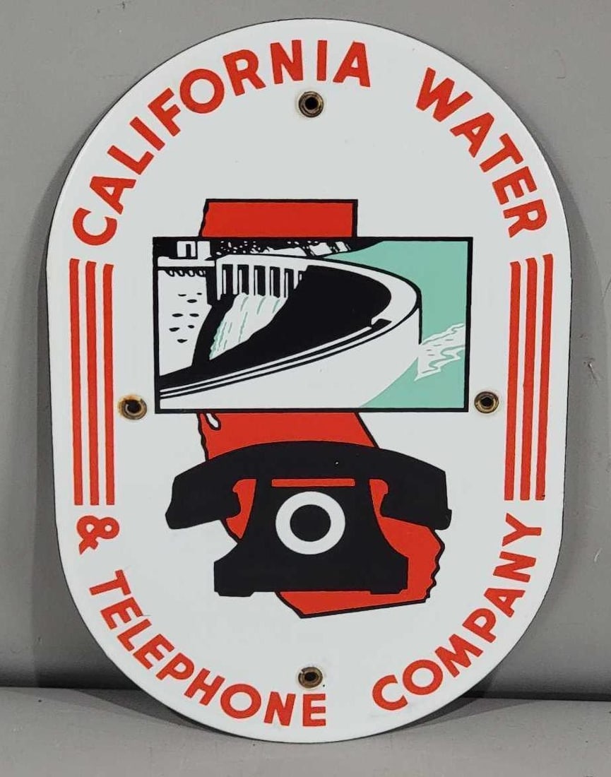 California Water & Telephone Co. w/Image Porcelain Sign (TAC): rated 9+, 10.5"x7", the SSP sign has very good color and gloss, nice. Rarity 2. TAC #063302