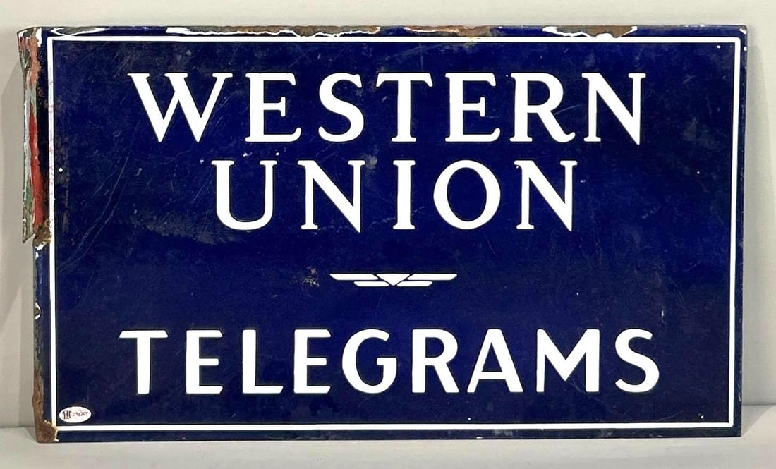 Western Union Telegrams Porcelain Flange Sign (TAC): rated 7.5, 10"x17", the porcelain flange sign wear, fine scratches and chips around the perimeter. Rarity 1. TAC #032367