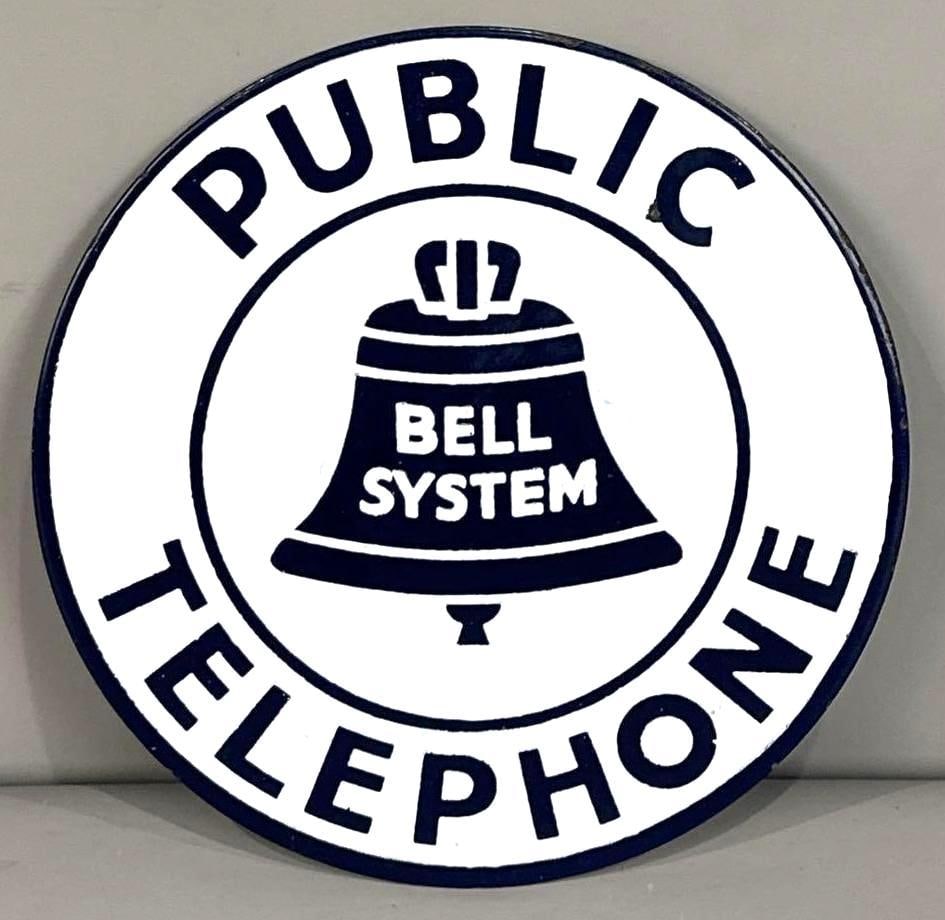 Public Telephone Single-Sided Porcelain Sign W/ Bell Graphic: (Rated 9.0). 7" dia. This SSP sign has good color and gloss with a minor porcelain chip on the outer field. Outer edge has minor wear. 