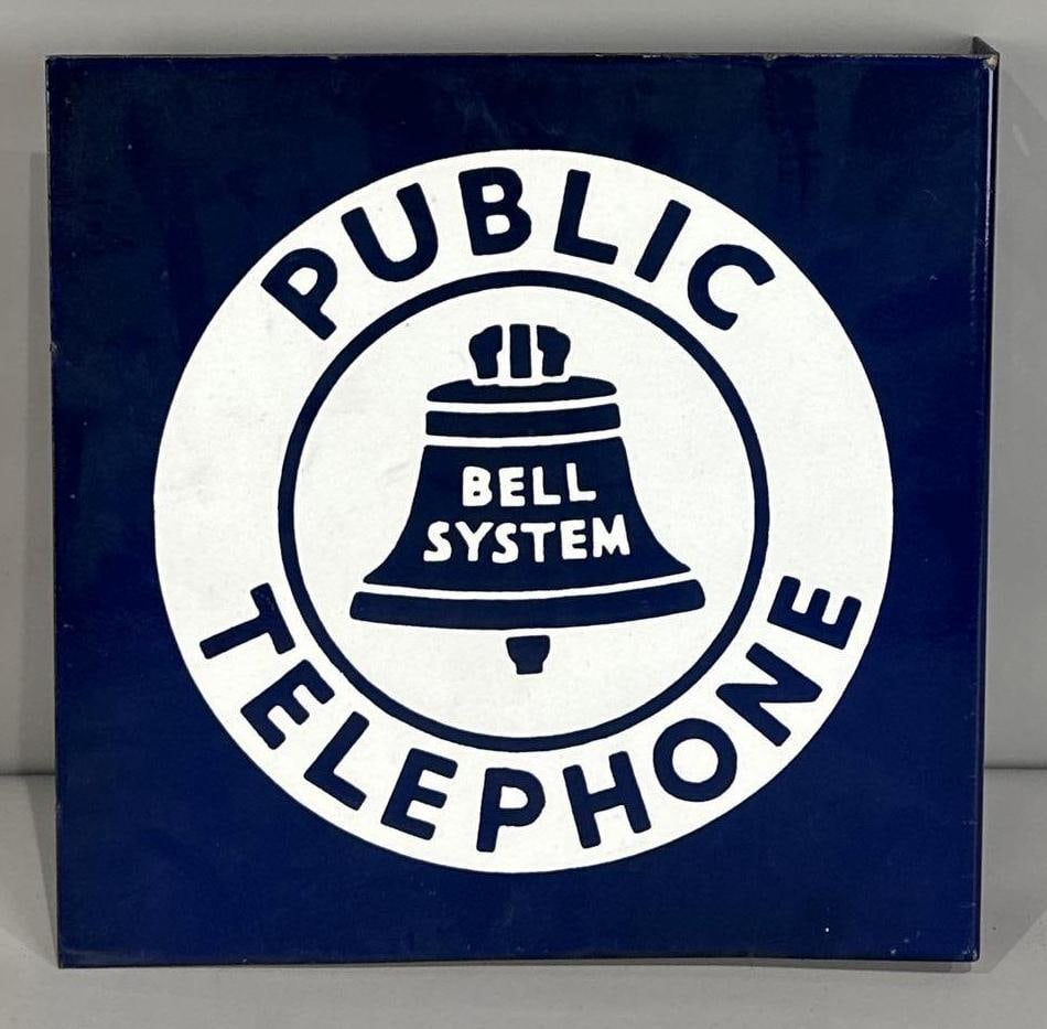 Public Telephone Porcelain Flange Sign: (Rated 9.0, 9.0). 11" x 11". This DSP flange has good color and gloss with light fade throughout the blue back ground. Rarity 1. TAC # 033883.