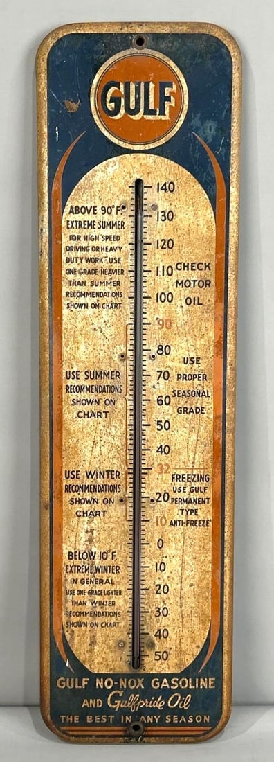 Gulf No-Nox Painted Metal Thermometer Sign: (Rated 7.0). 7.5" x 26.5". This SST sign has significant rust staining throughout the entirety. Complete with working tube. Rarity 3. Tac # 062240. 
