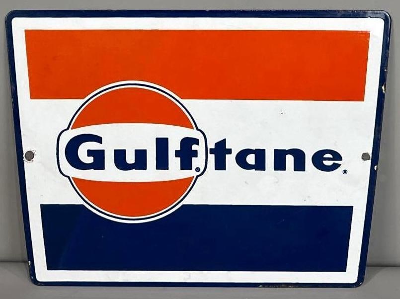 Gulftane Single-Sided Porcelain Pump Plate Sign: (Rated 8.75). 8.5" x 11.5". This SSP sign has fade throughout, most noticeably in the blue sections. Outer edge has minor wear and staining. Rarity 1. TAC # 062201.