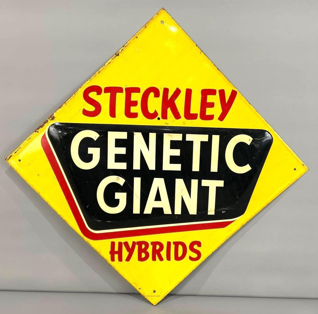 Steckely Genetic Giant Hybrids Metal Sign (TAC): rated 8, 33.5"x33.5", the SST embossed sign has good color and shine, has wear and fine scratches, marked Corn State Adv. Rarity 2. TAC #062853