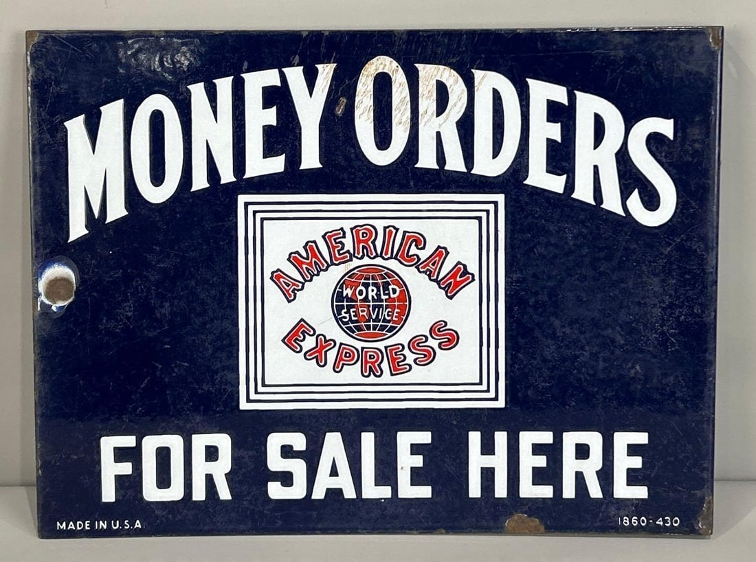 American Express Money Orders For Sale Here Porcelain Flange Sign (TAC): rated 6.5, 13.5"x18", the porcelain flange sign has heavy wear and soiling. Rarity 4, TAC #062825