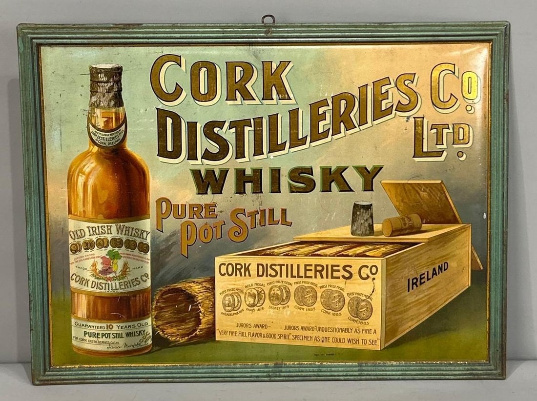 Cork Distilleries Co. Whiskey w/Image Metal Sign (TAC): rated 7.9, 12.5"x16.5", the SST embossed sign has good color and shine has light wear, back is rusty. Rarity 3. TAC #062797
