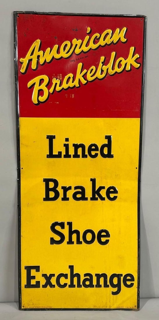 American Brakeblok Metal Sign (TAC): rated 7.75, 27.75"x11.5", the SST embossed vertical sign has good color and shine, has wear, scuffs and minor ceases. Rarity 6. TAC #062792
