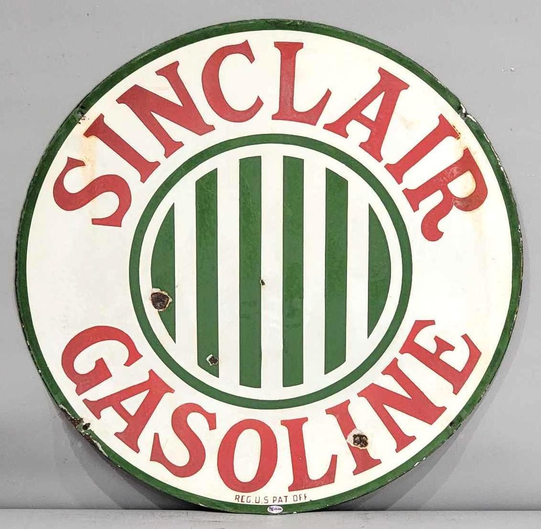 24" Sinclair Gasoline w/Jail Bar Logo Porcelain Sign (TAC): rated 7, 24"D., the DSP sign has no gloss, white is soiled and small chips. Rarity 5. TAC #032466