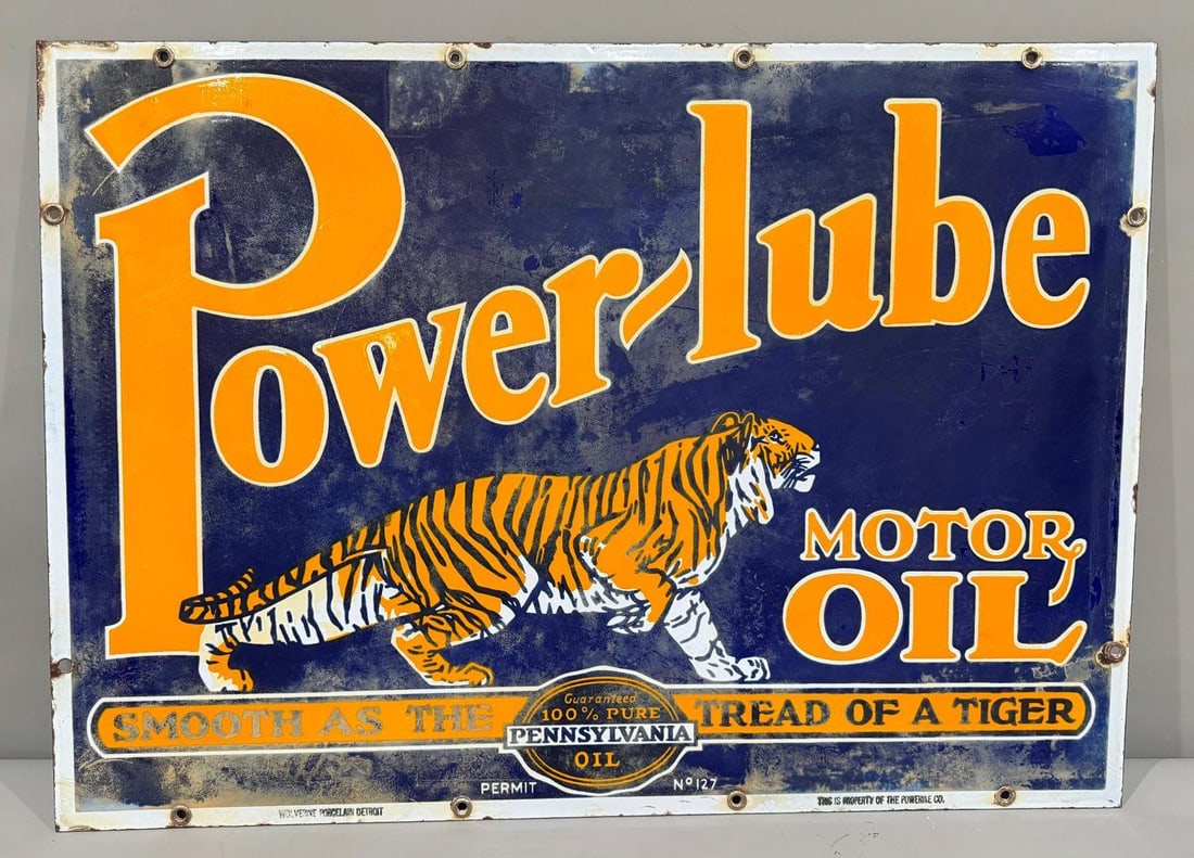 Power-Lube Motor Oil w/ Tiger Porcelain Sign: rate 6, 20" x 28", the double sided porcelain sign shows haziness, has the makers mark on the bottom, condition of this sign could be immensely improved with a through cleaning