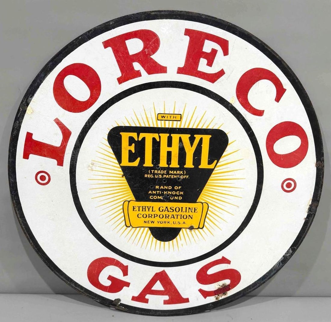 30" Loreco Gas w/Ethyl Logo Porcelain Sign (TAC): rated 7 & 6, 30"D. The DSP sign shows light wear, scratches and extra holes in the field. Reverse shows slightly more wear. Rarity 5. TAC #061389