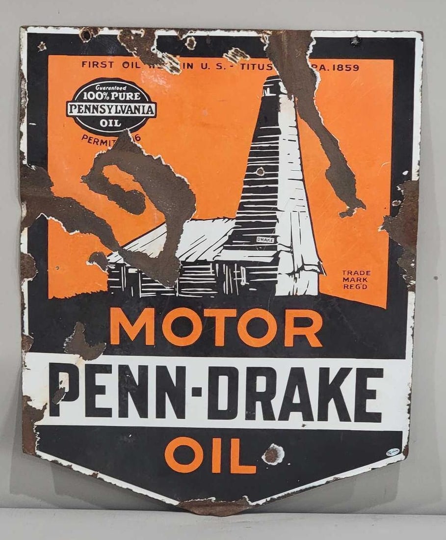 Penn Drake Motor Oil w/Logo Porcelain Sign (TAC) (1 of 5)