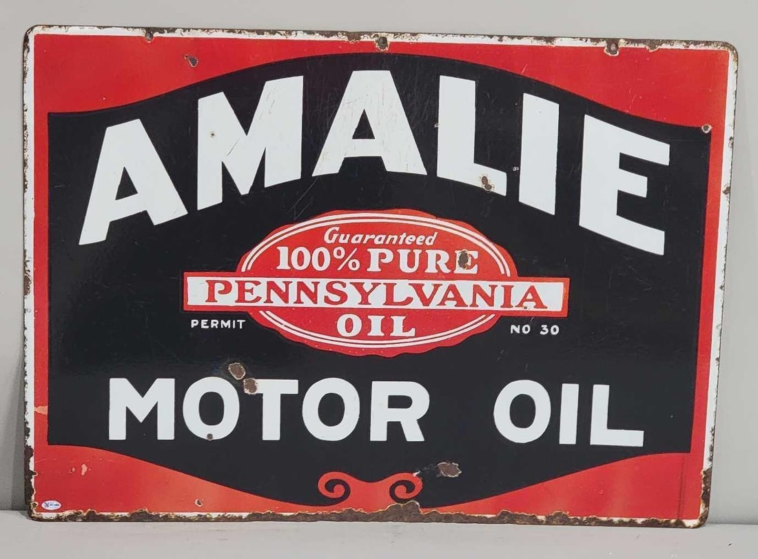 Amalie Pennsylvania Motor Oil Porcelain Sign (TAC): rated 7, 20"x27.75", the DSP sign has good color and some gloss, has wear and chips, chips around the perimeter. Rarity 4. TAC #032465