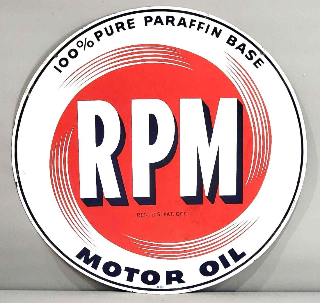 RPM Motor Oil Porcelain Sign (TAC): rated 7.75, 28"D., the DSP sign has good color and some gloss, has wear and touched up chips. Rarity 3. TAC #032483