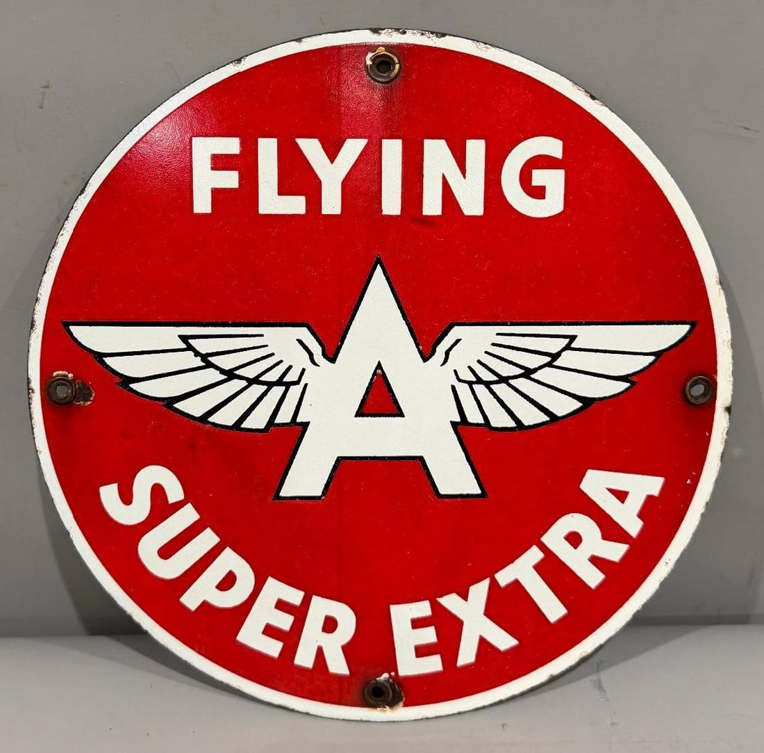Flying A Super Extra w/Logo Porcelain Pump Sign (TAC): rated 8.25, 10"D., the SSP sign is slightly soiled with tiny chips at the mounting holes. Rarity 2. TAC #061450