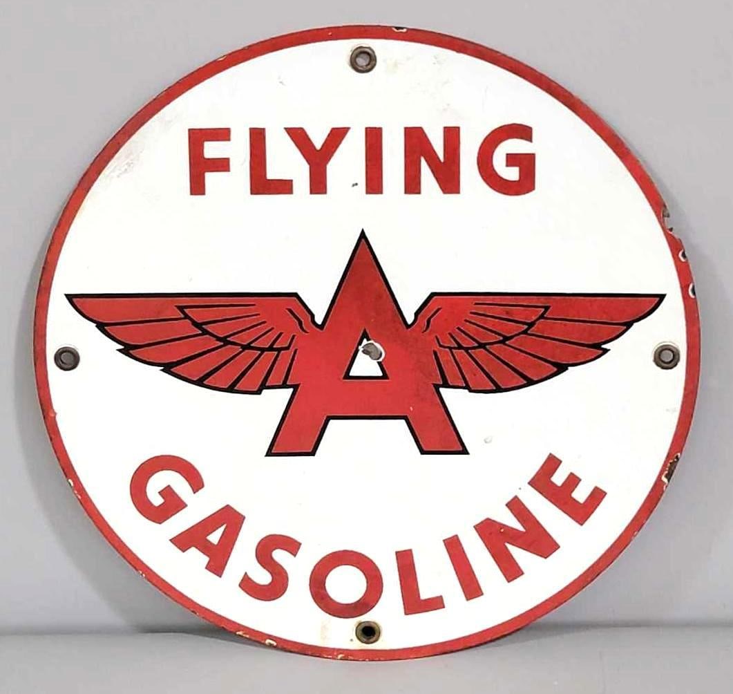 Flying A Gasoline w/Logo Porcelain Pump Sign (TAC): rated 8.25, 10"D. This SSP sign has a chip in the field and soiling. Rarity 2 TAC #061784