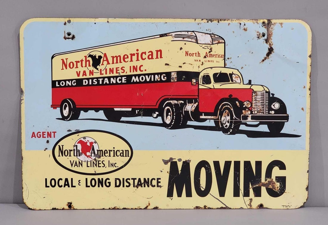 North American Van Lines w/Image Metal Sign (TAC): rated 7.5 & 4, 24"x36", the DST sign display has good color and shine, has wear, paint chips and ceases, reverse is in poor condition, marked Weigand. TAC #063317