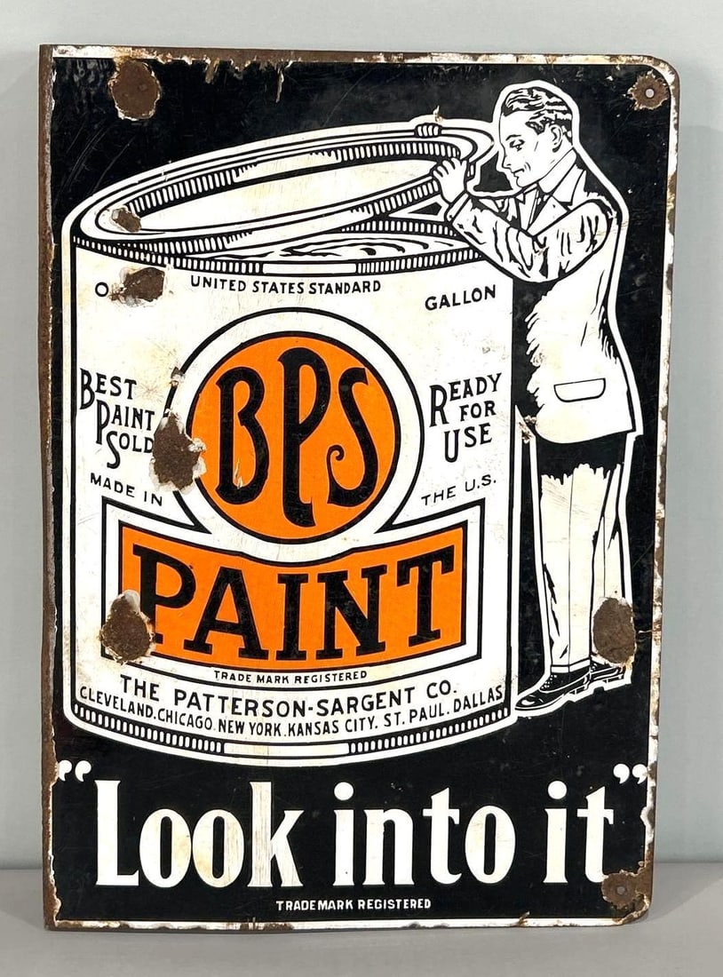 BPS Paint Porcelain Flange W/ Paint Can Graphic: Rated 7.25, 7.0. 14" x 20'. This DSP sign has significant fade and surface scratches throughout. Display shows porcelain chips and almost complete porcelain loss on flange section. Reverse side has sl