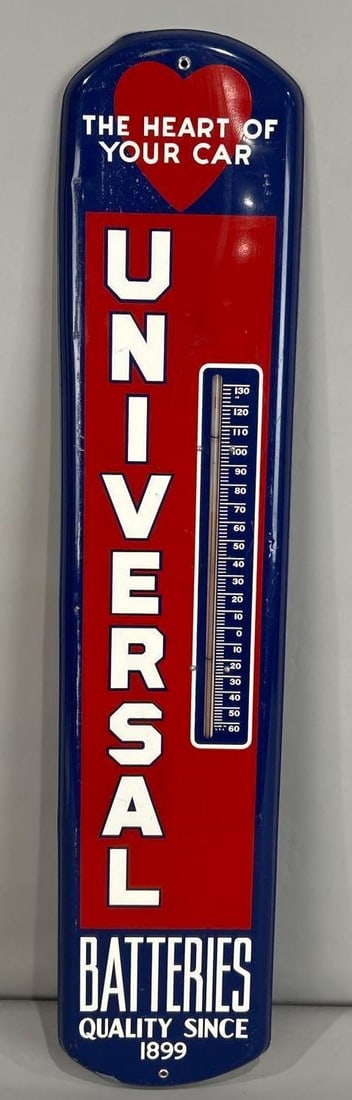 Universal Batteries Thermometer Sign W/ Heart Graphic: (Rated 8.0). 8.5" x 30". This SST sign has good color and gloss with deep scratches and surface stains throughout the field. Sign shows light paint loss and other storage wear on the outer edge. Tube