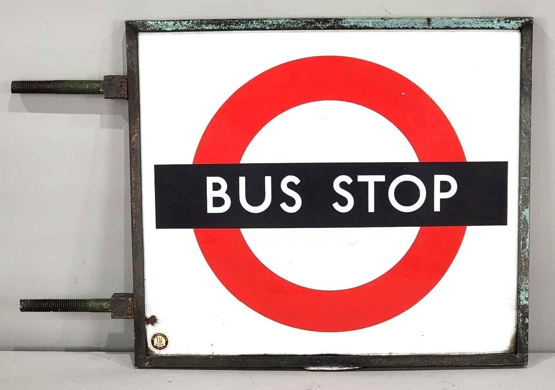 Bus Stop Porcelain Sign (TAC): rated 9 & 8.5, 15.5"x17.5", the 2-SSP sign mounted back-to-back in a brass flange bracket frame. English. TAC #063240