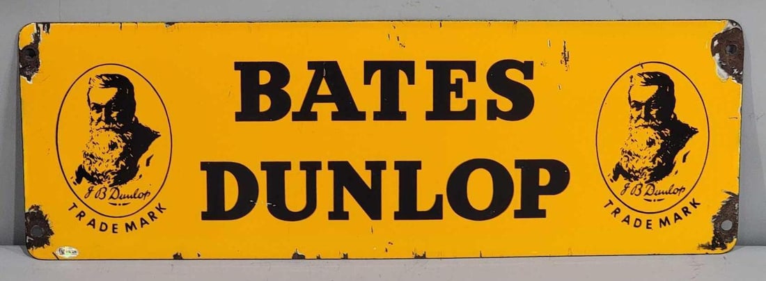 Bates Dunlop w/Logo Porcelain Sign (TAC): rated 8.25, 8"x24', the SSP sign has good color and gloss, has tiny chips in the field and larger chips at mounting holes. Rarity 6. TAC #032429