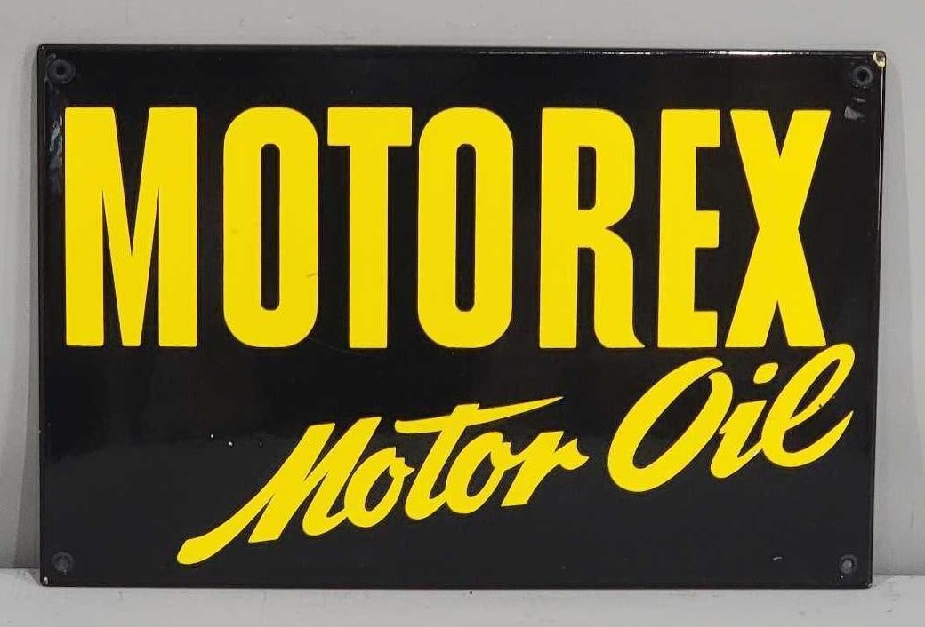 Motorex Motor Oil Porcelain Sign (TAC): rated 9, 12.25"x19", the SSP rolled edge sign has excellent color and gloss, field is clean, has chips at the upper right-hand corner. TAC #032430