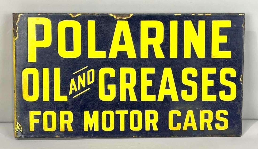 Polarine Oil & Greases for Motor Cars Porcelain Flange Sign (TAC): rated 7, 10"x18", the porcelain flange sign has good color and some gloss, has wear and scratches. Rarity 7. TAC #062822